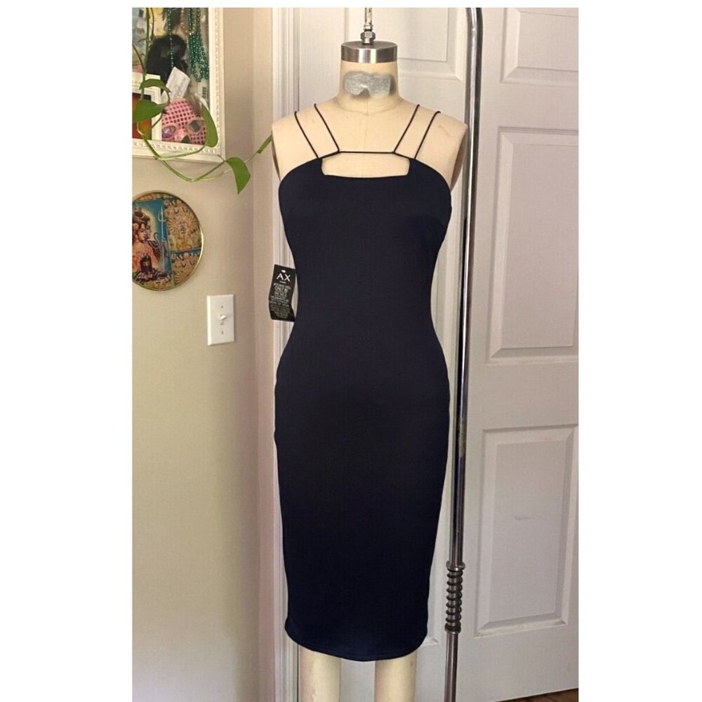 AX Paris Navy Stretch Strappy Knee-Length Wiggle Bandage BODYCON Dress *4*